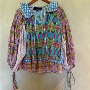 Rue de la lune  Plaid Long Sleeve Blouse with Ruffled Collar